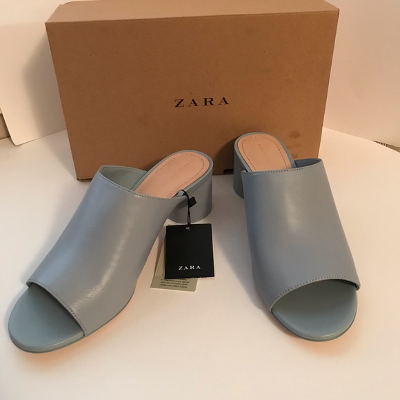 Zara Shoes - Zara Blue Leather Mules with Block Heel